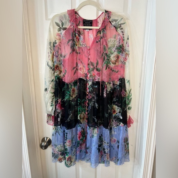 Johnny Was Jade Silk Floral Blouse Peasant Boho Button Tie Front Tunic‎ Top /M - Picture 2 of 9